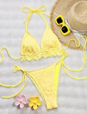Bikini Giallo Con Effetto Increspato E Laccetti Regolabili Triangolo CF44233