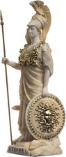 Atena Con Gufo Medusa Con Scudo Greco Dea in Alabastro Statua Oro 17 Cm