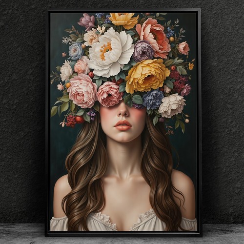 Quadro donna con fiori in - quadro,,