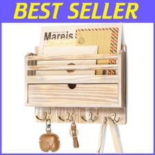 Elegante Porta Posta da Parete con Cassetto e 7 Ganci - Charm in Legno Naturale