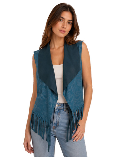 Gilet con frange blu boho - , chic