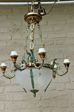Lampadario ciotola vetro cristallo braccio cigno bronzo impero vintage 
