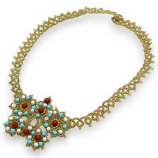 Collana in pregiato Pizzo Chiacchierino Siciliano L 45 cm ca. sfere di turchese,