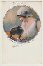 cartolina MONESTIER - Donna con cane Volpino di Pomerania - 1917 - nvg - fp