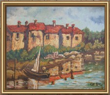 ARTE NAIF - BORGO SUL FIUME CON BARCA olio tavola ENRICO COPETTA COEN  BRESCIA