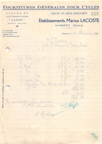 Facture 1933 cycles etab - ,