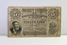 BANCA AGRICOLA SARDA 5 LIRE ROMA 1 APRILE 1873 PERIZIATA R5