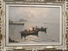Luigi Conca, Quadro Dipinto Olio su Tela - Pescatori Napoli 1930 Capri Amalfi