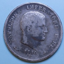 NAPOLEONE RE D'ITALIA 5 LIRE 1810/0 VENEZIA BB MOLTO RARO ARGENTO SILVER COIN