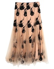 Blumarine gonna lunga svasata beige nuda tulle nero rose festa formale floreale