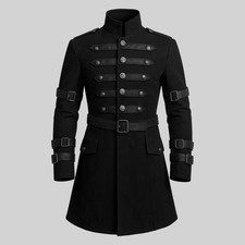 Cappotto militare uomo gotico steampunk nero trench giacca fibbia cinturini nuovo