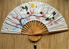 GRANDE VENTAGLIO (1 Metro) DIPINTO A MANO - SETA PESANTE E LEGNO - PERFETTO