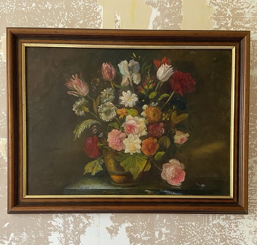 Quadro antico floreale olio - , su