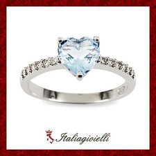 Principesco Anello Cuore Brillante Acquamarina in Argento 925 Rodiato Oro Bianco