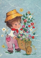 C3 - Cp Cartolina Illustrata Bambino Carretto Fiori - Fg Nvg