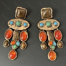 Orecchini revival etrusco finta gemma borchia oro martellato arancione lampadario cabochon