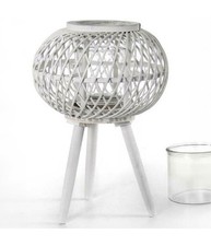 Lanterna Portacandela Con Piedi Tonda 17x46cm In Legno Bambù Vetro Bianco 777929