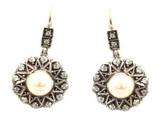 Orecchini anni '20 in oro basso titolo e argento con perla e diamanti