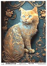 Carta di riso A4 seta paglia decoupage gatti patina oro motivo floreale RE1758
