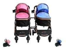 PASSEGGINO TRIO 3in1 DOPPIO/GEMELLARE PER DUE BLUE E ROSA CON 2 OVETTI AUTO