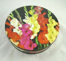 scatola latta ROTONDA vintage FIORI GLADIOLI GLADIOLO CARAMELLE  BISCOTTI ARREDO