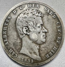 Sardegna Stati Italiani 5 Lire - Carlo Alberto 1833 KM-130 Moneta Corona Argento