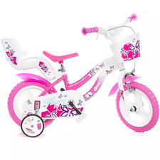Bicicletta Bici Per Bambina Bimba Flappy Bianco Rosa Ruota 12" Dino Con Rotelle