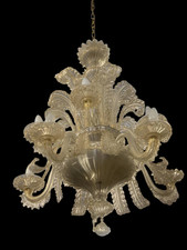 Lampadario Murano vetro trasparente color crema 10 fiamme