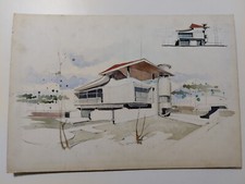 Disegno a china/acquarello architettura prospetto casa anni 60