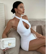 BEAGIMEG Women's Sexy Bodycon Sleeveless Criss Cross Ruched Halter Mini Party