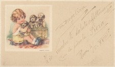 23-18G) CARTONCINO ILLUSTRATO BAMBINA CUCCIOLI CANE SCRITTO ROMA XVIII