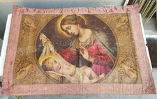 ANTICA OLEOGRAFIA MADONNA MATERNITÀ SU TESSUTO CORNICE IN TESSUTO FODERATO RETRO