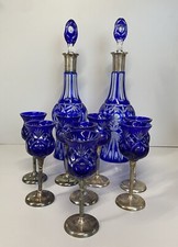 SERVIZIO BOTTIGLIE BOEMIA  e 8 BICCHIERI cristallo blu cobalto e ARGENTO 800