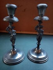 Coppia Candelabri candeliere peltro Originale d'epoca  portacandele Alti 22 cm