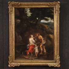 Quadro mitologico antico dipinto olio su tela Meleagro Atalanta arte XVII sec