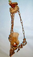 Antico elegante lampadario lampione bronzo ottone cristallo ambrato disegni rami