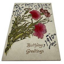 Vintage Compleanno Greetings A Ora Da Sadie Cartolina Colorato Rosso Rose 1910