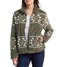 Giacca Lucky Brand Geo Print pelliccia sintetica zip verde oliva bianco tasche nuova con etichetta taglia small