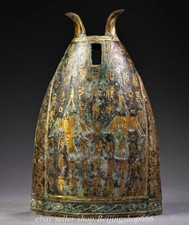 Statua campana scritta parola corno di pecora dorato merce bronzo cinese antico 10,8"