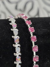 Bracciale Tennis Set 2 Cristalli Senza Marca Rosa E Aurora Boreale Tono Argento