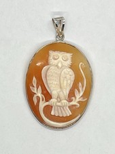 Ciondolo Cammeo Gufo Inciso A Mano Su Corniola-Argento 925-Amuleto Di Saggezza
