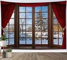 Winter Wooden Window Snow Scene Tapestry for Bedroom Colleague Dorm Home Decor