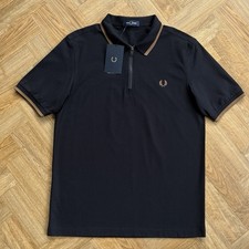 Polo nuova con etichette Fred Perry M5597 manica corta collo zip crepe nera taglia large