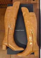 Stivali al ginocchio, tacco,pelle,marrone,applicazioni, Elisabetta Franchi, N.37