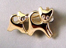 Elegante Placcato Oro Gattini Carini Kitty Gatti Spilla con Cristallo Swarovski