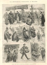 STAMPA 1926 IL NATALE A MILANO VIGNETTE FIGURINI M. VELLANI MARCHI MODA COSTUME 