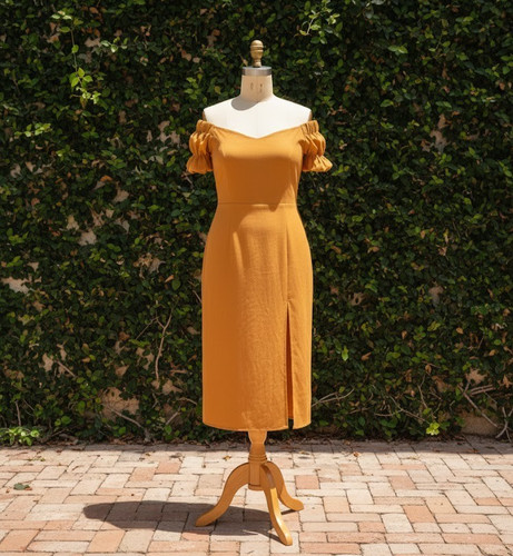 Abito midi lino giallo ocra - lino,