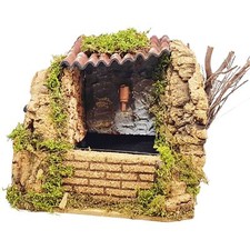 Fontana per presepe con tetto e muratura dotata di vaschetta e pompa acqua