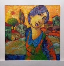 Dipinto Quadro ad Olio Su Tavola Paesaggio Figura Arte Moderna Cm40x40
