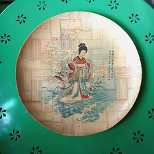 Vassoio tondo cinese in bamboo dipinto - vintage anni 70 cm. 35 diametro 